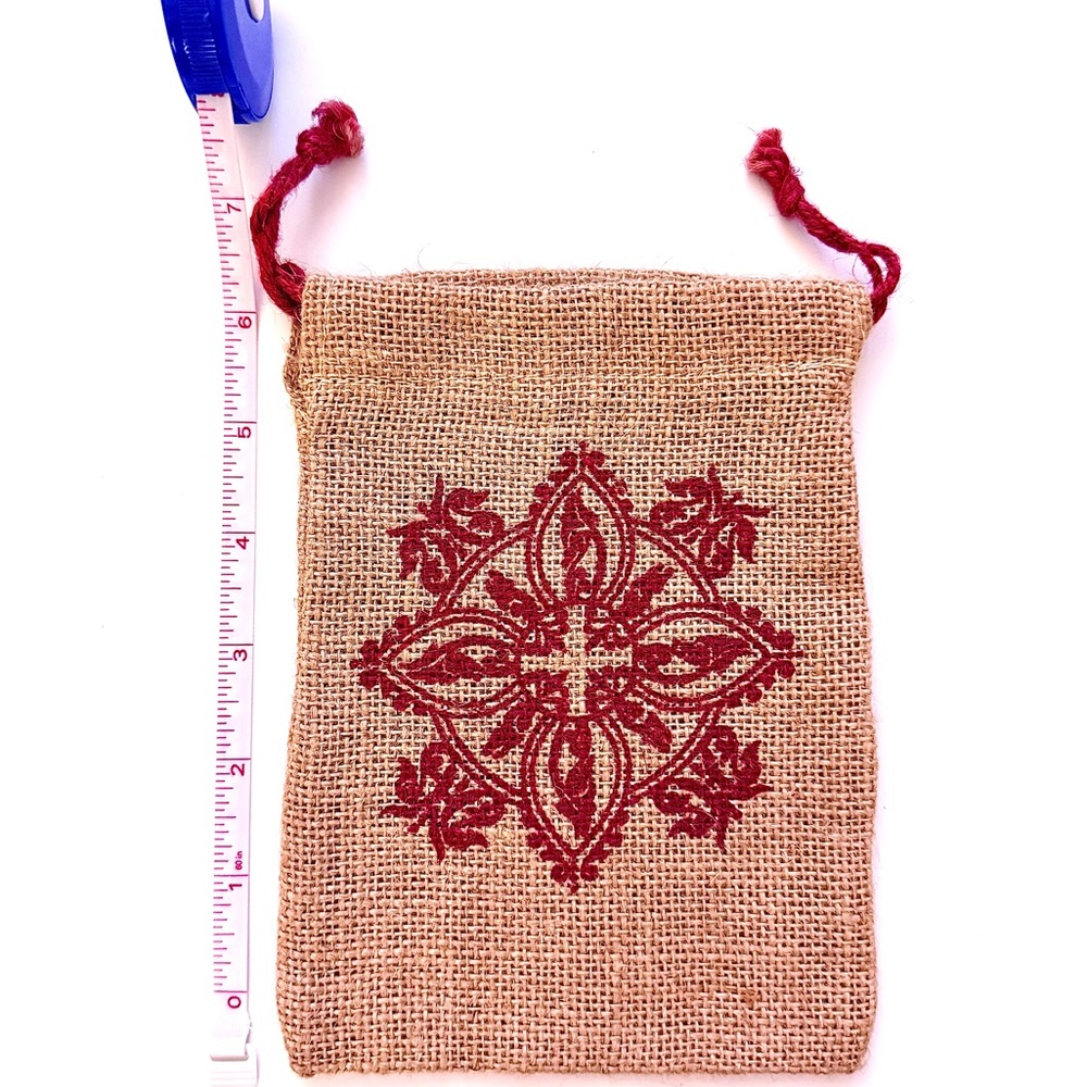 VINTAGE Red Patterned Burlap Drawstring Bag - image 3